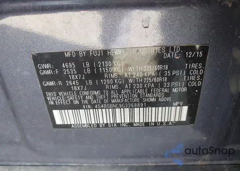 2016 Subaru Outback 2.5I Limited from USA, damaged, VIN 4S4BSBNC9G3268891